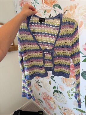 Women's Multicolor Crochet Tie-Front Sweater - Lavender/Green